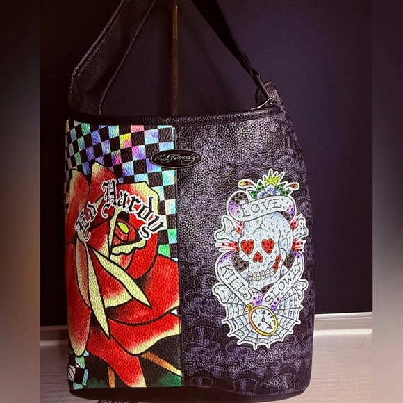 Ed Hardy Rose Skull Shoulder Bag Holographic Checkerboard Y2K - Picture 2 of 9